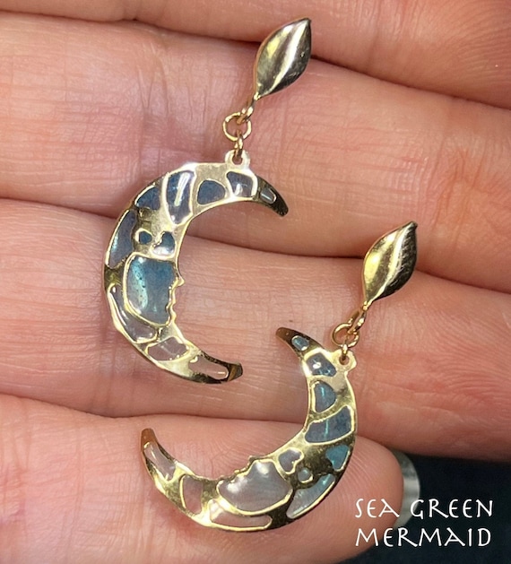 14k Gold Crescent Man in the Moon Blue "Stained G… - image 1