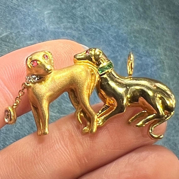 18k Gold 2 Dogs Pendant w Diamonds Emeralds Rubie… - image 7