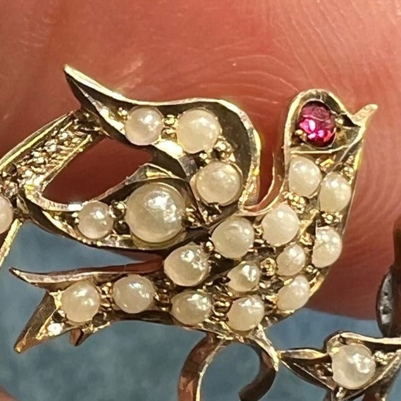 10k White Gold Pearl Crescent Moon + Sparrow Bird… - image 7