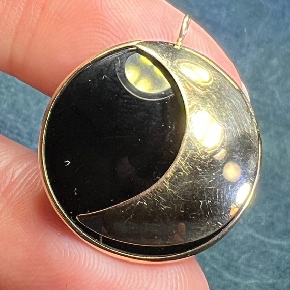 14k Yellow Gold Onyx Crescent Moon Circle Pendant… - image 9