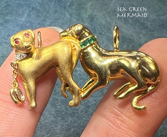 18k Gold 2 Dogs Pendant w Diamonds Emeralds Rubie… - image 1