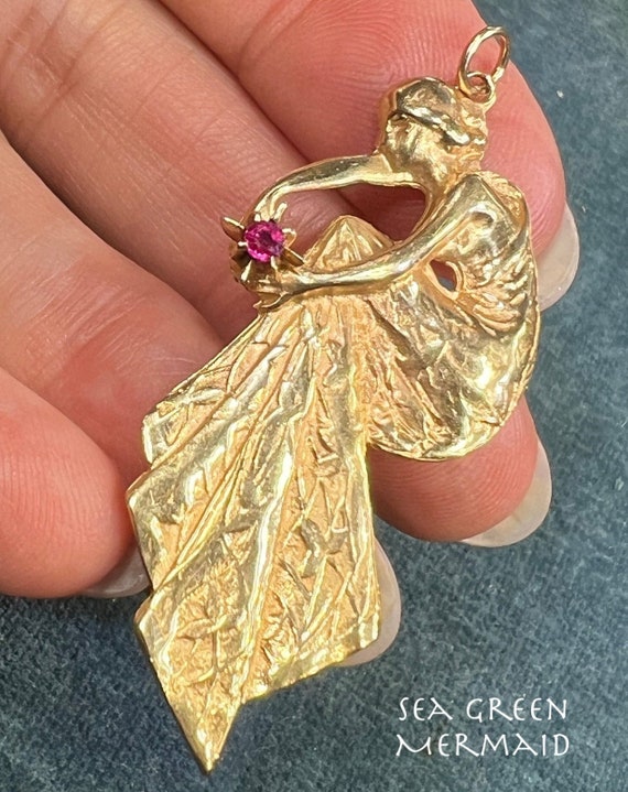 14k Gold Art Nouveau Dryad Goddess Pendant w Ruby… - image 1