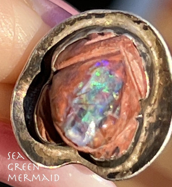 Mexican Boulder Opal Carved FROG on Lily Pad Ring… - image 1