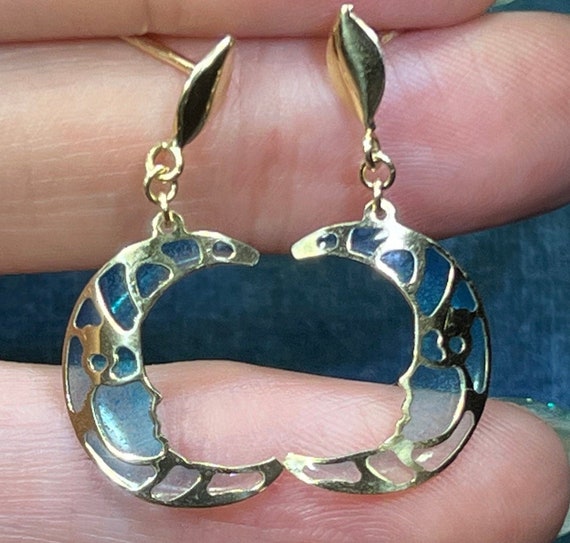 14k Gold Crescent Man in the Moon Blue "Stained G… - image 5