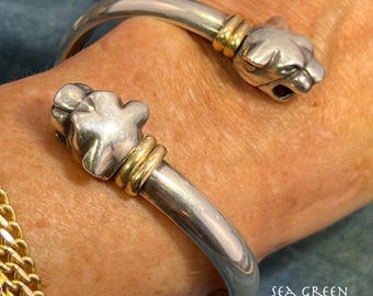 14k Yellow Gold & Sterling Silver 2 LEOPARD TIGER Wrap Bracelet. 28g