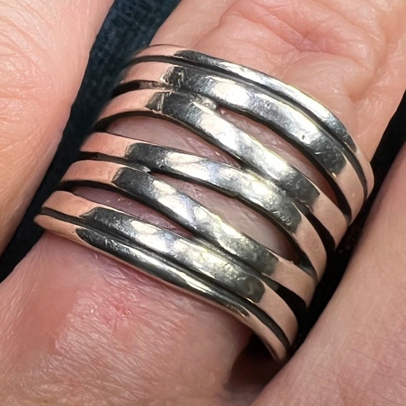 Wide Hammered Silver Stacked Multi-Band Cigar Ring - image 6