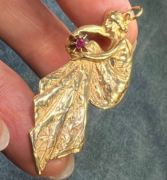 14k Gold Art Nouveau Dryad Goddess Pendant w Ruby… - image 5