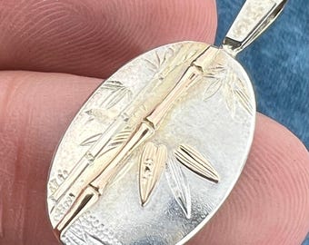 14k Gold + Silver Bamboo Scene Pendant. Japanese Art