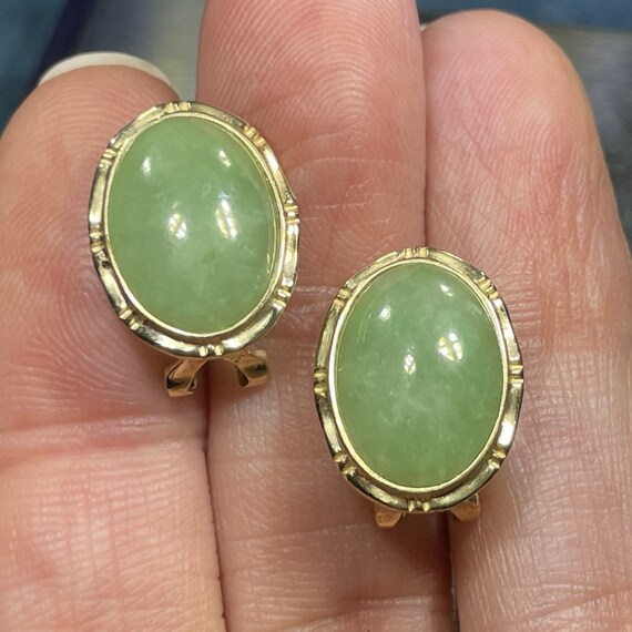 10k Yellow Gold Pale Green Jade OMEGABACK Earrings - image 10