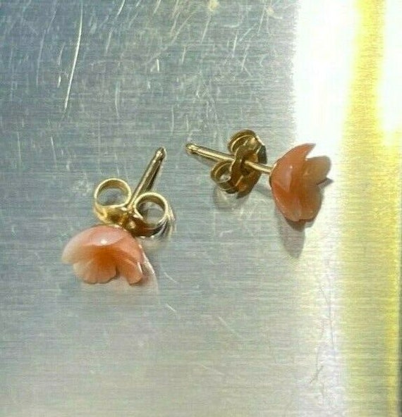 14k Yellow Gold Carved Peach Coral Rosebud Earrin… - image 6