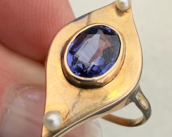 10k Yellow Gold Lab Purple Alexandrite Navette Ring w Pearls. Victorian 3/4"