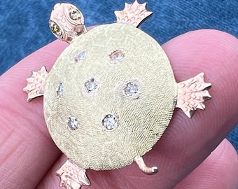 10k Yellow + Rose Gold Turtle Pendant w Rose-Cut Diamond Shell. 1.2"
