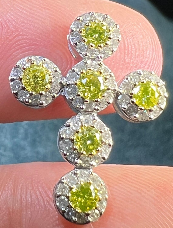 14k White Gold Canary Yellow + Clear Diamond Cros… - image 6