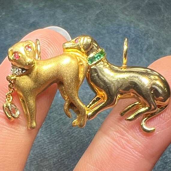 18k Gold 2 Dogs Pendant w Diamonds Emeralds Rubie… - image 6