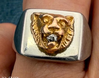 10k Yellow Gold Antique TIGER Head w Rose-Cut Diamond in SS Signet Ring. 8g