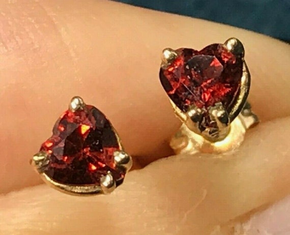 10k Yellow Gold Ruby Red Garnet Heart Earrings. T… - image 1