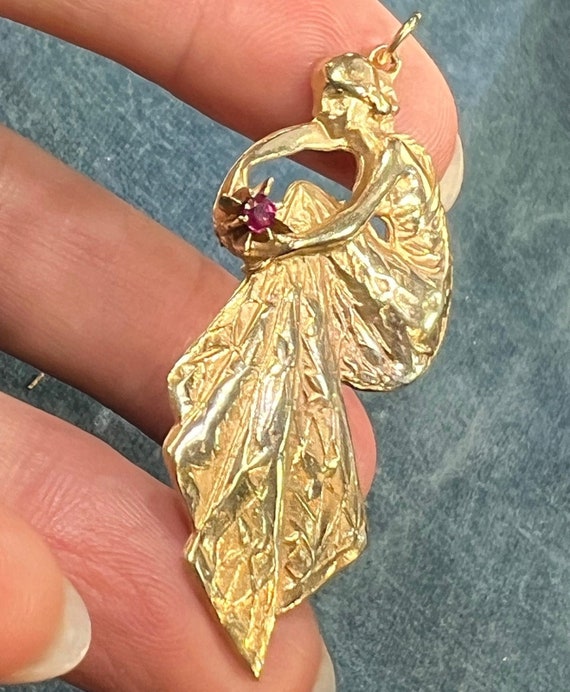 14k Gold Art Nouveau Dryad Goddess Pendant w Ruby… - image 6