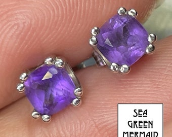 14k White Gold 2.5 TCW Amethyst Earrings. Cushion Cut