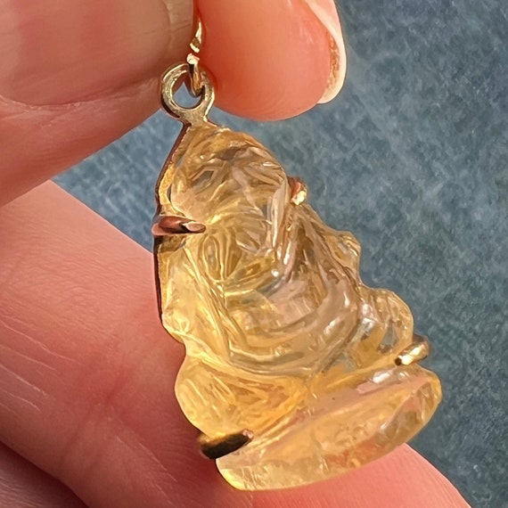 14k Gold Carved Lemon Citrine Ganesha Pendant. El… - image 4