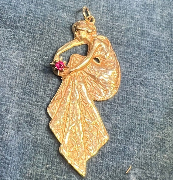 14k Gold Art Nouveau Dryad Goddess Pendant w Ruby… - image 7