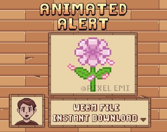 Animierter Stream-Alarm – Pixel Art Twitch, Youtube, süße rosa blühende Blume mit fallenden Blütenblättern, Animation, Sub, Spende, Folgen, Raid