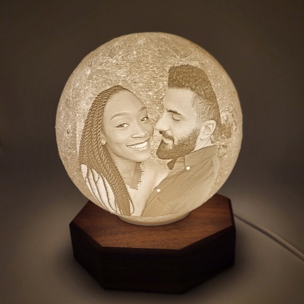 3D Printed Personalized Picture Moon Lamp With Solid Walnut Base