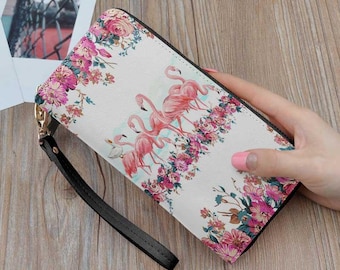 Flamingo Palm Leaves Pattern Canvas Card Wallet with Zipper for Women Bk55Oi&& Womens Retro Purse Flamingo Palm Leaves Pattern Canvas Card Wallet with Zipper for Women Bk55Oi&& Womens Retro Purse