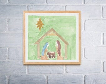 Nativity Scene, Watercolor Nativity Scene Pastel Watercolor Painting, Christmas Art, Mary and Joseph, Baby Jesus, Digital, North Star