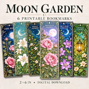以下が含まれることがあります： 「Moon Garden」と題された6枚の印刷可能なブックマーク。夜空、月、星の下に描かれた花のイラストが特徴です。Luna Rose、Silver Lily、Night Jasmine、Moonlit Peony、Nocturne Clematis、Lantern Gardenの6種類で、サイズは2x6インチです。