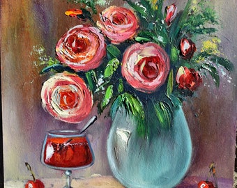 pink flowers art  floral artwork vibrant floral art  pink rose wall art  floral oil art bouquet painting original oil art art in the kitchen