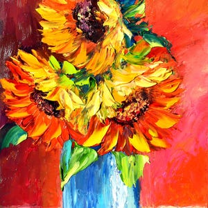 Peinture de tournesols, nature morte, oeuvre d'art floral, peinture d'empâtements, peinture de fleurs en 3D, art floral abstrait, peinture colorée, jaune