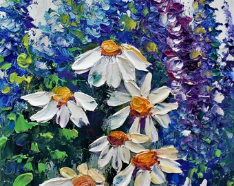 peinture empâtement art de fleurs blanches cadeau de fleurs texturées amateur de fleurs peinture à l'huile florale paysage d'été art mural marguerites art de fleurs violettes