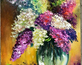 Lilac flowers oil painting Lilac flowers painting housewarming gift Painting for the kitchen living room purple flower art