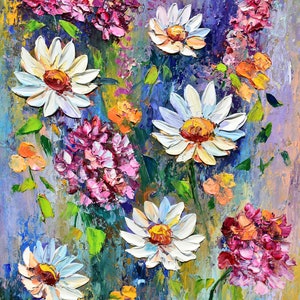 art abstrait fleur bleue et rose peinture bleue peinture marguerite art bohème peinture texturée peinture à l'huile 3d fleurs d'été oeuvre colorée