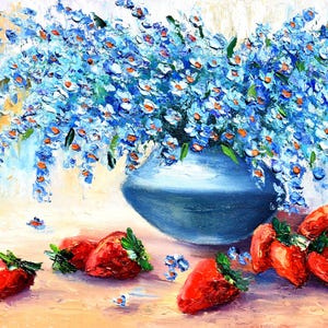 art floral myosotis peinture de cuisine peinture de fraises peinture de nature morte fraise art de baies art de cuisine alimentaire art de fruits rouges