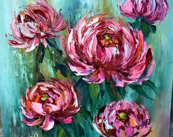 Fleurs de pivoine, peinture de pivoines, art mural, fleurs roses, bouquet d'art, peinture de fleurs, couteau, peinture à l'huile, art mural botanique original