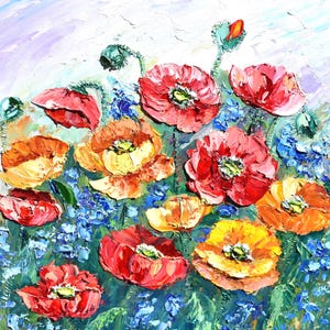 California red yellow poppy art painting original landscape painting summer field with flowers meadow flowers poppy wall farmhouse wall art