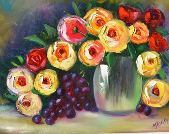 floral wal art hand painted artwork oil art food painting berries painting Floral oil painting red roses painting yellow flower art in oil