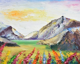 Mountain art Mountain painting Oil painting landscape romantic painting Art for home decor 8x6 painting Bright art Meadow Landscape field