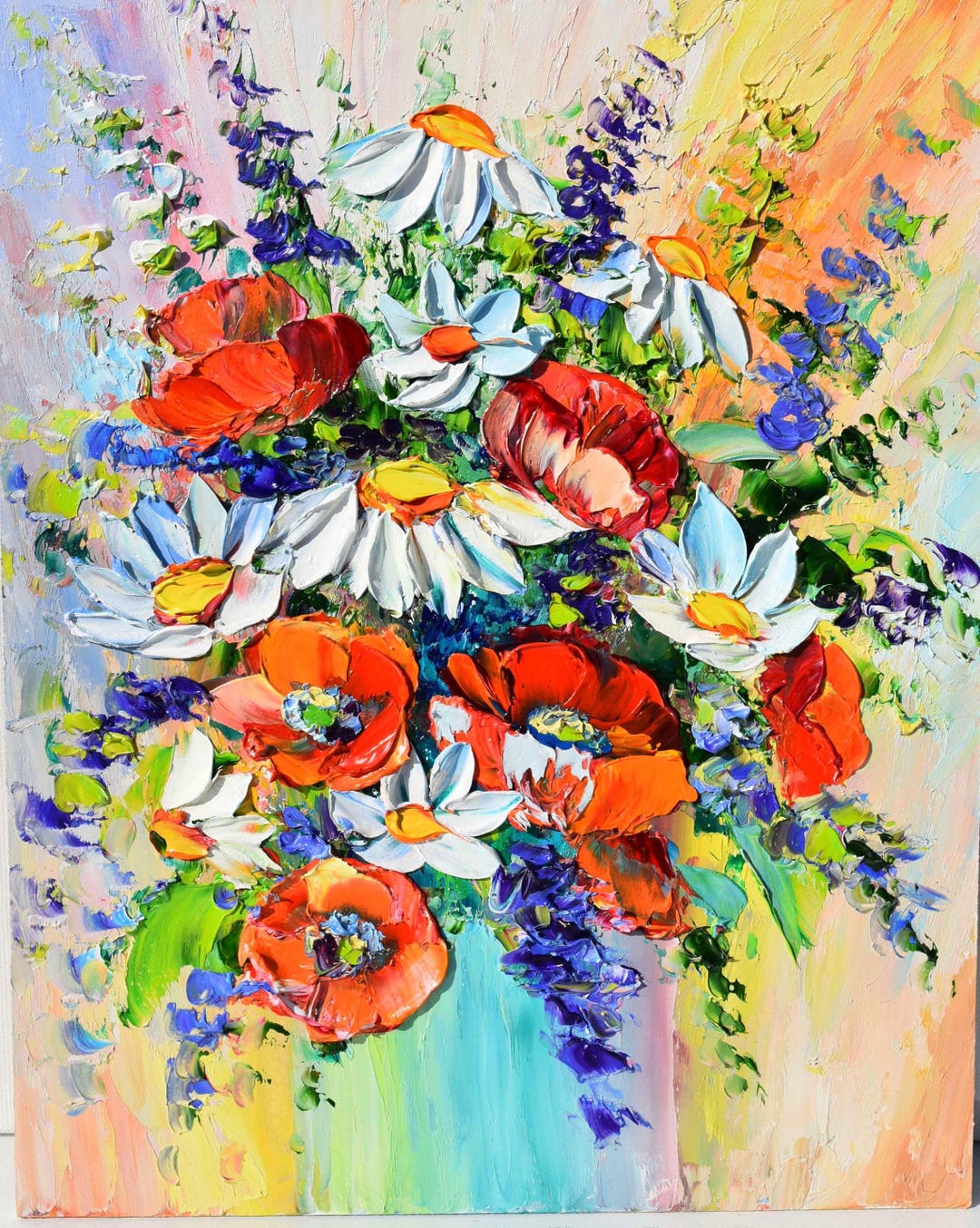 Orange Poppy Art Wildflowers Painting Chamomile Flowers Impasto Oil ...