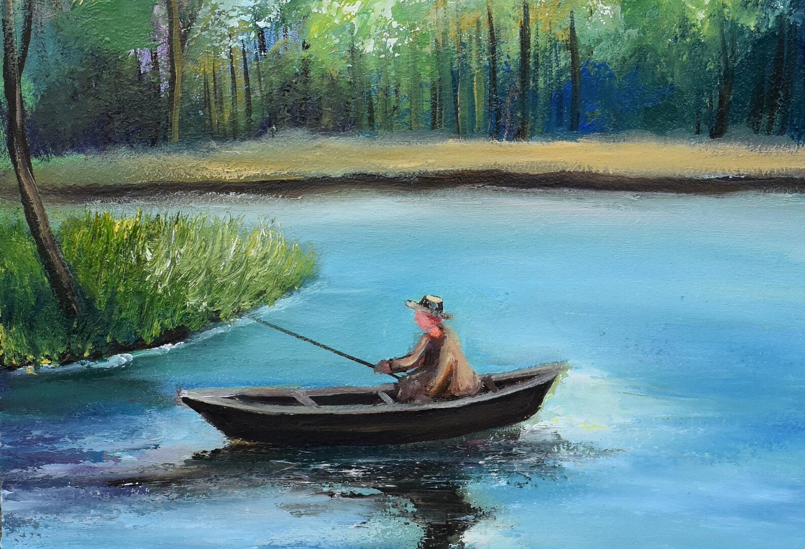 Fisherman Painting Lake Fish Pike Perch Fishing Wall Art Summer
