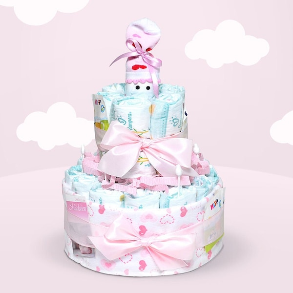 Windeltorte Mädchen Socke - Günstiges Windelgeschenk - Pamperstorte für Mädchen - Top Babygeschenk zur Geburt in rosa - Geschenk Babyparty