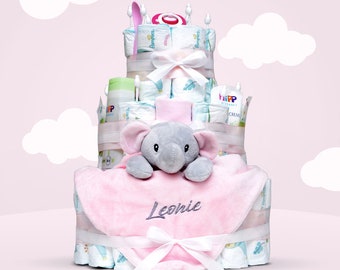 Windeltorte Mädchen, XXL Babygeschenk zur Geburt, Pamperstorte zur Babyparty, Premium Windeltorte für Mädels