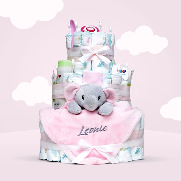 Windeltorte Mädchen, XXL Babygeschenk zur Geburt, Pamperstorte zur Babyparty, Premium Windeltorte für Mädels