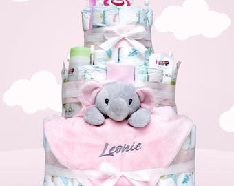 Windeltorte Mädchen, XXL Babygeschenk zur Geburt, Pamperstorte zur Babyparty, Premium Windeltorte für Mädels,  Windeltorte Personalisiert