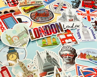 Paquete de 50 pegatinas de lugares emblemáticos de Londres, set de pegatinas de la reina Isabel II, planificador de viajes, portátil, equipaje, regalos para mamá, amigas