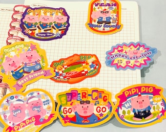 8pcs Cute Pink pig Stickers Kawaii Piggy Friendship Die Cut Vinyl Sticker Set Bullet Journal Sticker, Planner Sticker, Scrapbooking, Gift