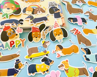 Vinyl Cute Sausage Dog Stickers, Kawaii Dachshund Dog Die Cut Sticker Set, Cartoon Dog Stickers for Gifts, Planner Journal, Cute Stationary