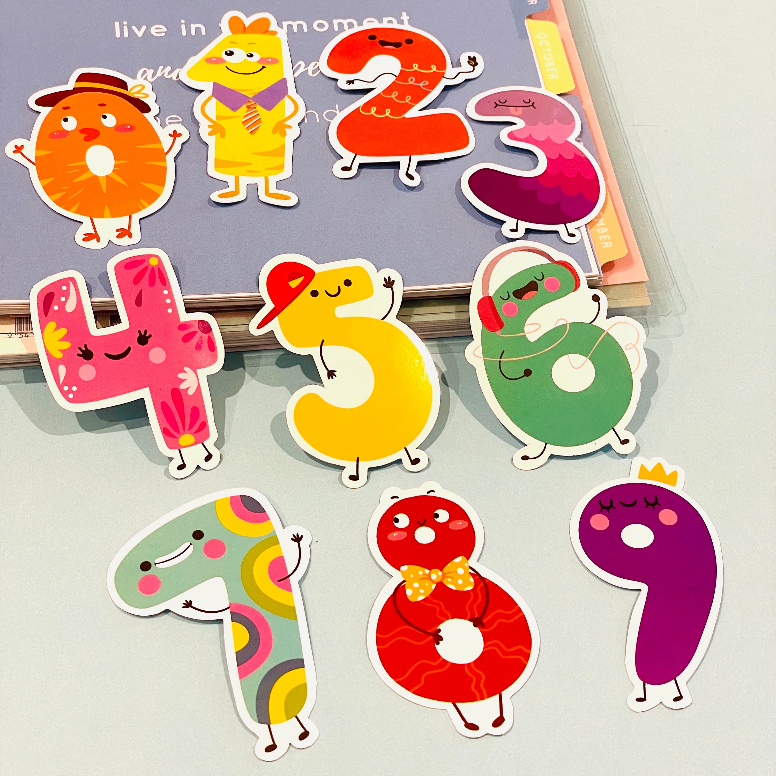 9/10pcs Cute Animal 0 to 10 Vinyl Colored Number Decal Stickers for Planners, Organizers and Bullet Journals Kawaii Days Months Sticker Pack