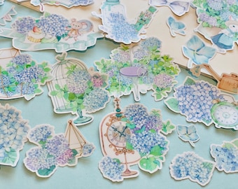 21pcs Blue Hydrangea Flower Sticker, Rabbit Flower Garden Stickers, Pink Purple Hydrangea Kiss Cut Sticker Set for kindle, Gift, Mum, Friend